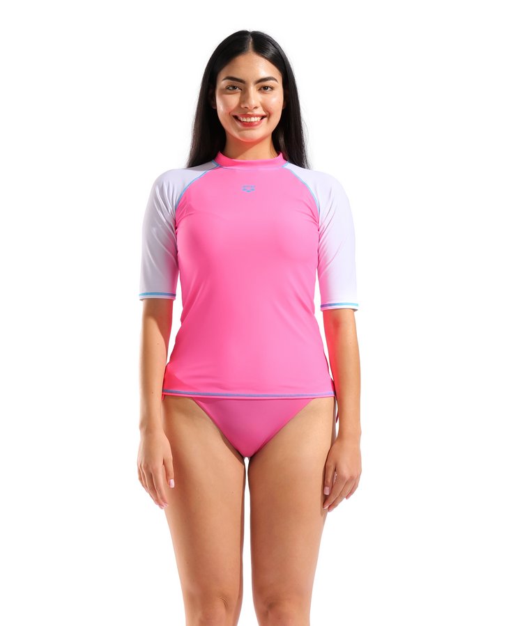 Гидромайка для плавания женская с коротким рукавом Arena RASH VEST S/S GRAPHIC W