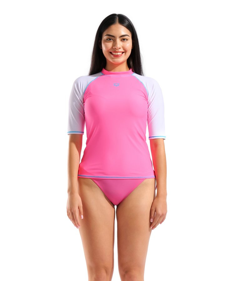 Гидромайка для плавания женская с коротким рукавом Arena RASH VEST S/S GRAPHIC W